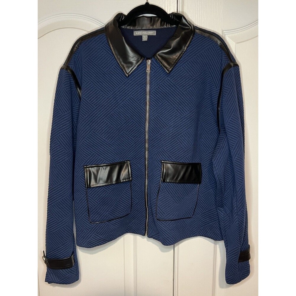 NEW Kate & Mallory Zip Jacket Vegan Leather Accents Blue Black XL Office Casual - Picture 2 of 13